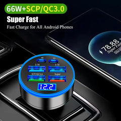 1 Pc Universal 6 Ports Fast Car Charger with Voltage Monitor Car USB Charger (PD+QC3.0) Compatible with All Mobile