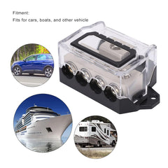 1 Pc Universal Heavy-Duty 4-Port Electrical Distribution Block - Insulated Base Transparent Polycarbonate Cover For Car Audio