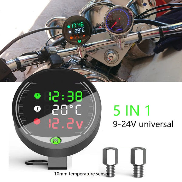 ﻿5 in 1 Waterproof Night Vision Motorcycle Digital Meter Display Time Stopwatch, Temperature, volt meter and charging USB