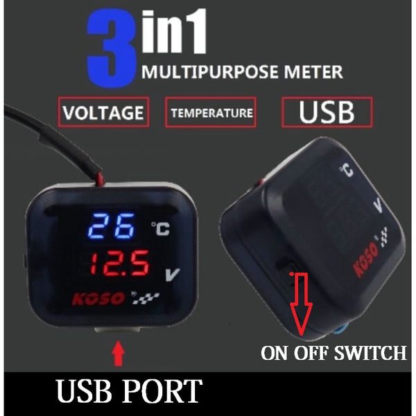 Universal 3 In 1 Digital Meter KOSO Voltmeter Temperature Voltage Display With USB Charge