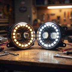 Ultra-Bright Universal Dual Projector LED Fog Lamps Lights With 2 Color Halo DRL