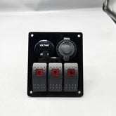 Universal 4-inch Switch Panel With Rocker Switches +12V Power Outlet + LED Voltmeter (Red)