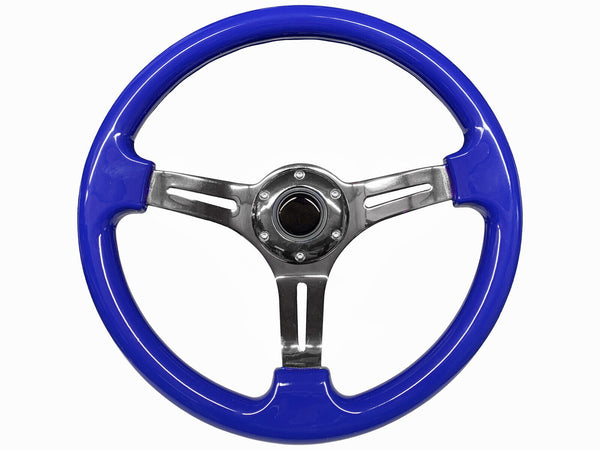 Universal Semi Dish Blue Chrome Steering Wheel In Premium Quality For Car 1 Pc