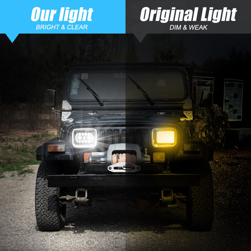 Jeep Square White Amber 5x7 Headlights Turn Signal HI/LO Beam DRL Compatible With Jeep Wrangler 2 Pc