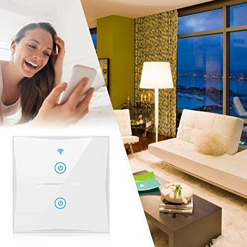 Smart Light Switch, WIFI 2-Gang Wall Wireless Tempered Glass Touch-Screen Switch