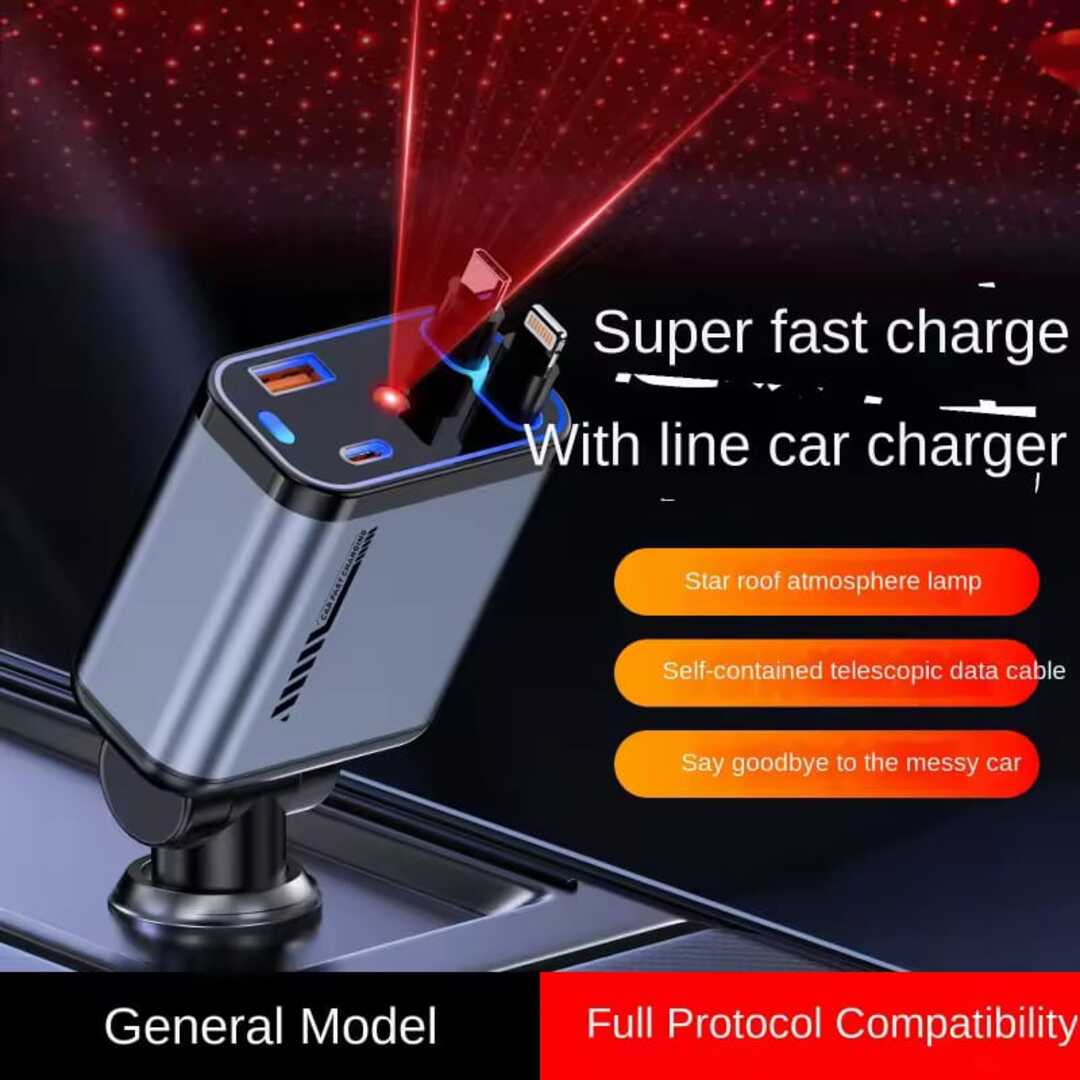 1 Pc 120W Max Retractable 5 in 1 Car Charger With Starlight Projection in Car Roof Type C+iOS Car Phone Cable Compatible with Smart Phone