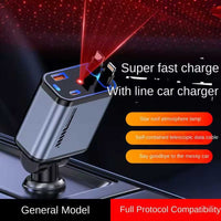 1 Pc 120W Max Retractable 5 in 1 Car Charger With Starlight Projection in Car Roof Type C+iOS Car Phone Cable Compatible with Smart Phone