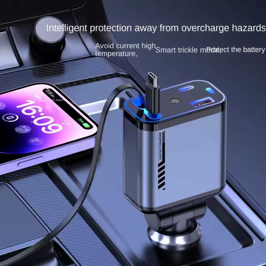 1 Pc 120W Max Retractable 5 in 1 Car Charger With Starlight Projection in Car Roof Type C+iOS Car Phone Cable Compatible with Smart Phone