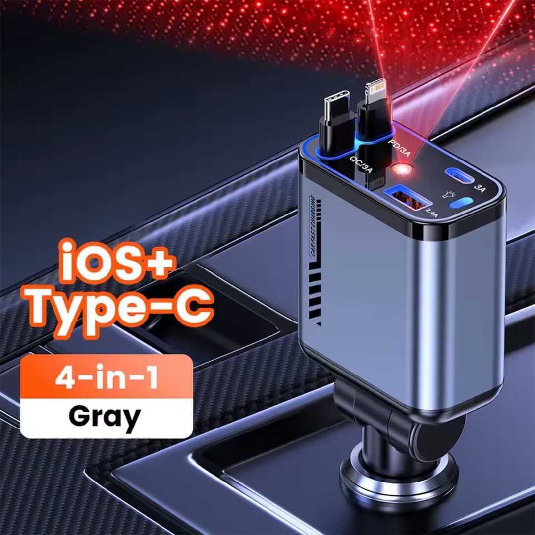 1 Pc 120W Max Retractable 5 in 1 Car Charger With Starlight Projection in Car Roof Type C+iOS Car Phone Cable Compatible with Smart Phone