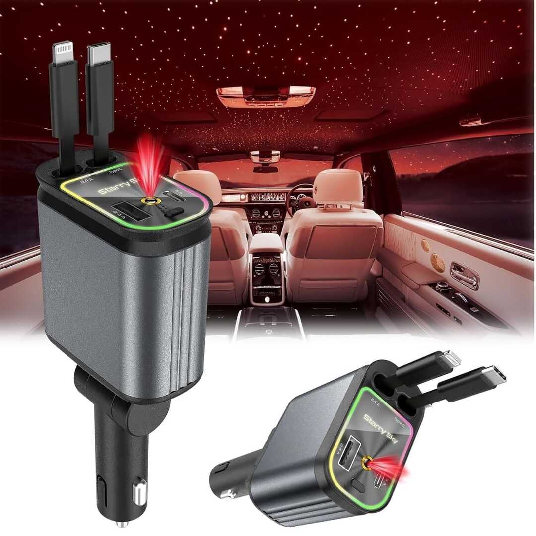 1 Pc 120W Max Retractable 5 in 1 Car Charger With Starlight Projection in Car Roof Type C+iOS Car Phone Cable Compatible with Smart Phone