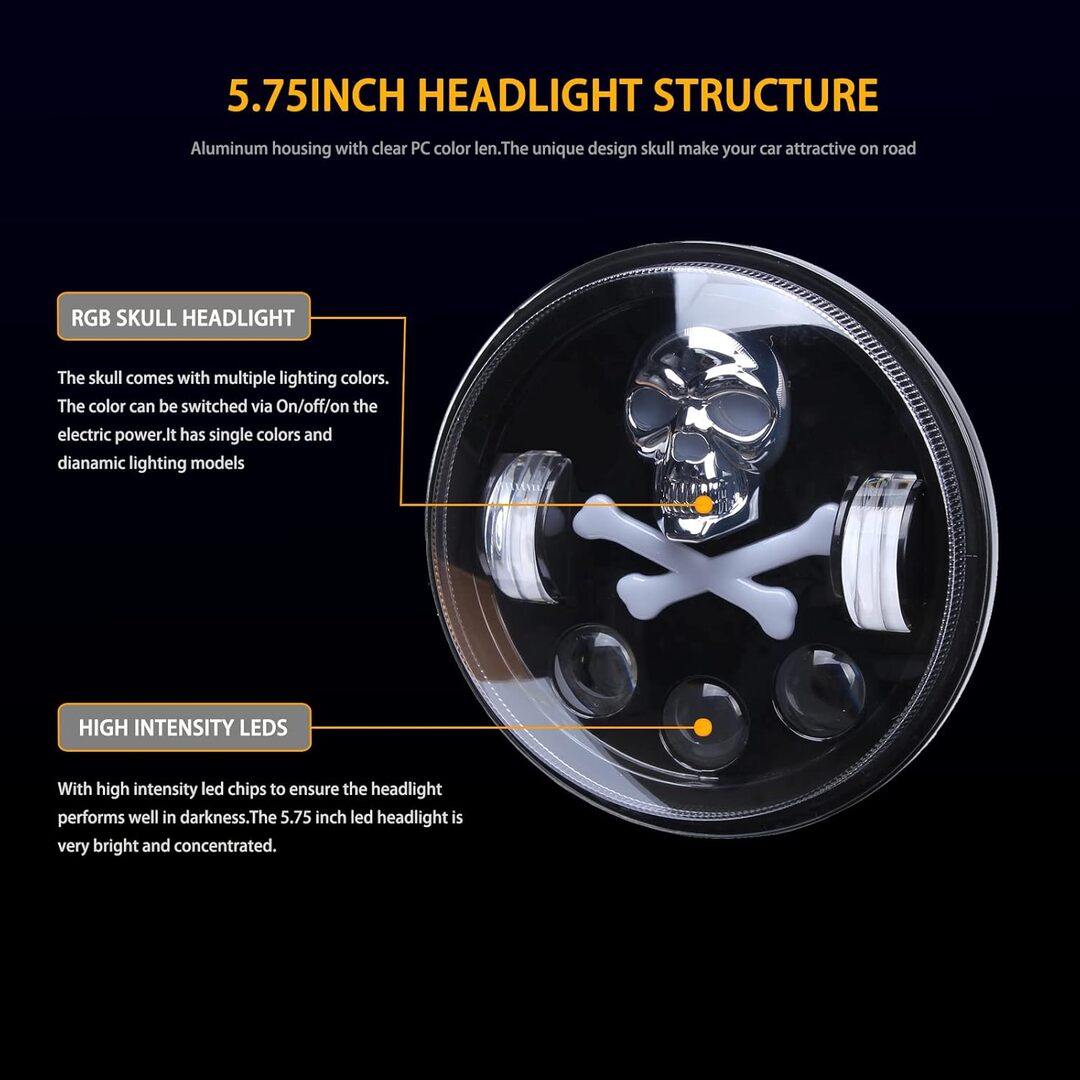 1 Pc Universal 5.75 Round Skull Headlights With RGB Function For Bikes And Cars