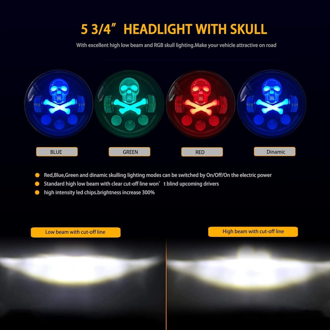 1 Pc Universal 5.75 Round Skull Headlights With RGB Function For Bikes And Cars