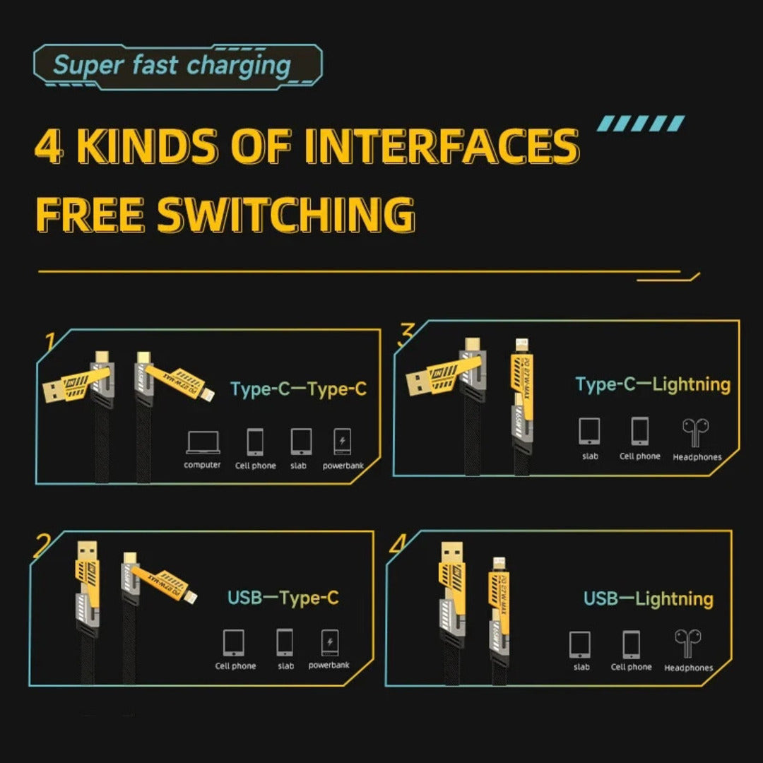 1 Pc Universal 65W/27W 4 in 1 Charging Data Transfer Cable In Premium Quality