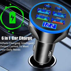 1 Pc Universal 6 Ports Fast Car Charger with Voltage Monitor Car USB Charger (PD+QC3.0) Compatible with All Mobile