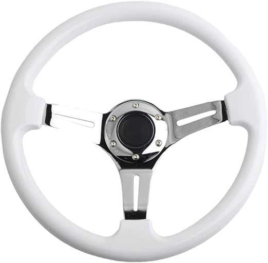 Universal Semi Dish White Chrome Steering Wheel In Premium Quality For Car 1 Pc