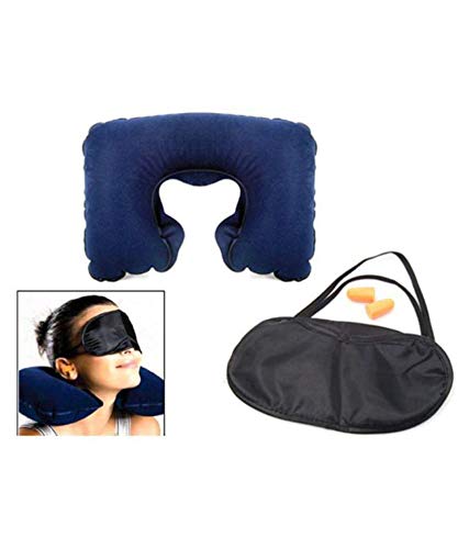 Universal 3 in 1 Travel Set – Inflatable Neck Pillow, Eye Mask and Ear Plugs Travel Kit (Blue)