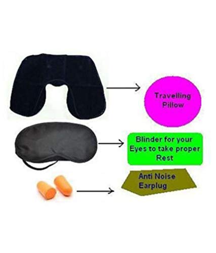 Universal 3 in 1 Travel Set – Inflatable Neck Pillow, Eye Mask and Ear Plugs Travel Kit (Blue)