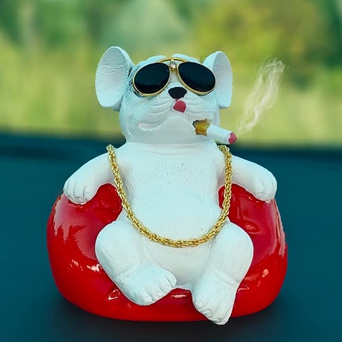 Universal Cool Dog Resin Statue Car Interior Accessories moking Cigar Dog with Gold Necklace (White) 1Pc