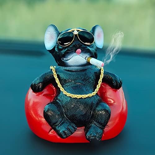 Universal Cool Dog Resin Statue Car Interior Accessories moking Cigar Dog with Gold Necklace (Black) 1Pc
