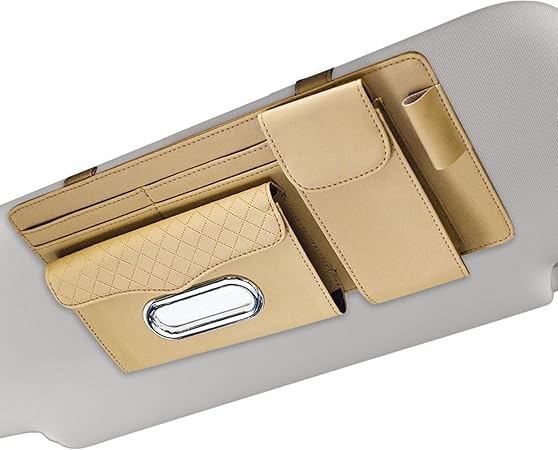 Universal Car Visor Storage Pocket Organizer Truck Visor Organizer Card Holder, Tissue Holder With Multi Pockets 1 Pc (Beige)