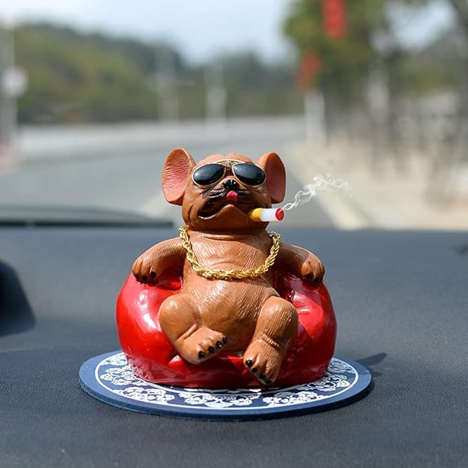 Universal Cool Dog Resin Statue Car Interior Accessories moking Cigar Dog with Gold Necklace (Brown) 1Pc