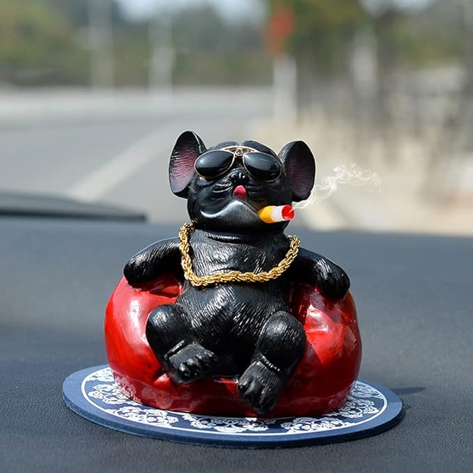 Universal Cool Dog Resin Statue Car Interior Accessories moking Cigar Dog with Gold Necklace (Black) 1Pc