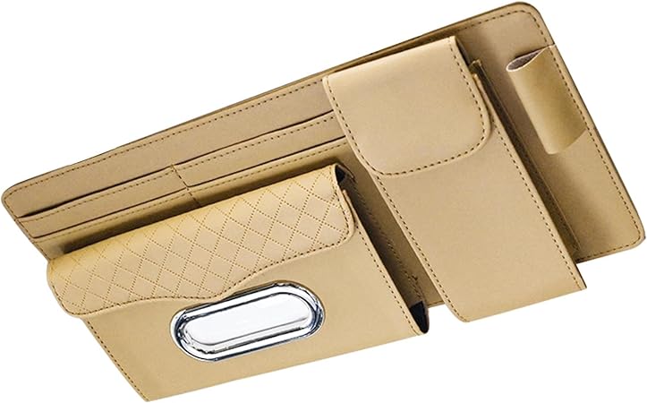 Universal Car Visor Storage Pocket Organizer Truck Visor Organizer Card Holder, Tissue Holder With Multi Pockets 1 Pc (Beige)