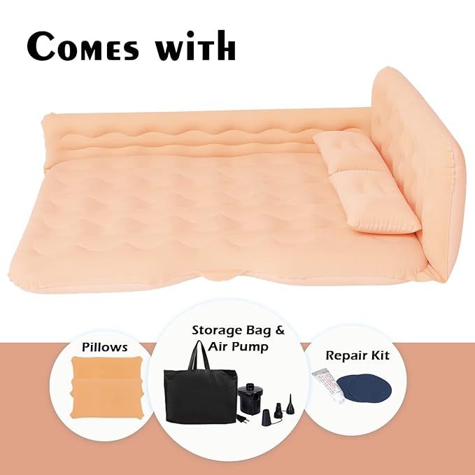 Universal Car Inflatable Bed With Side Take Air Mattress In Car Outdoor Camping Cushion Folding Portable Flocking Pad(Beige)