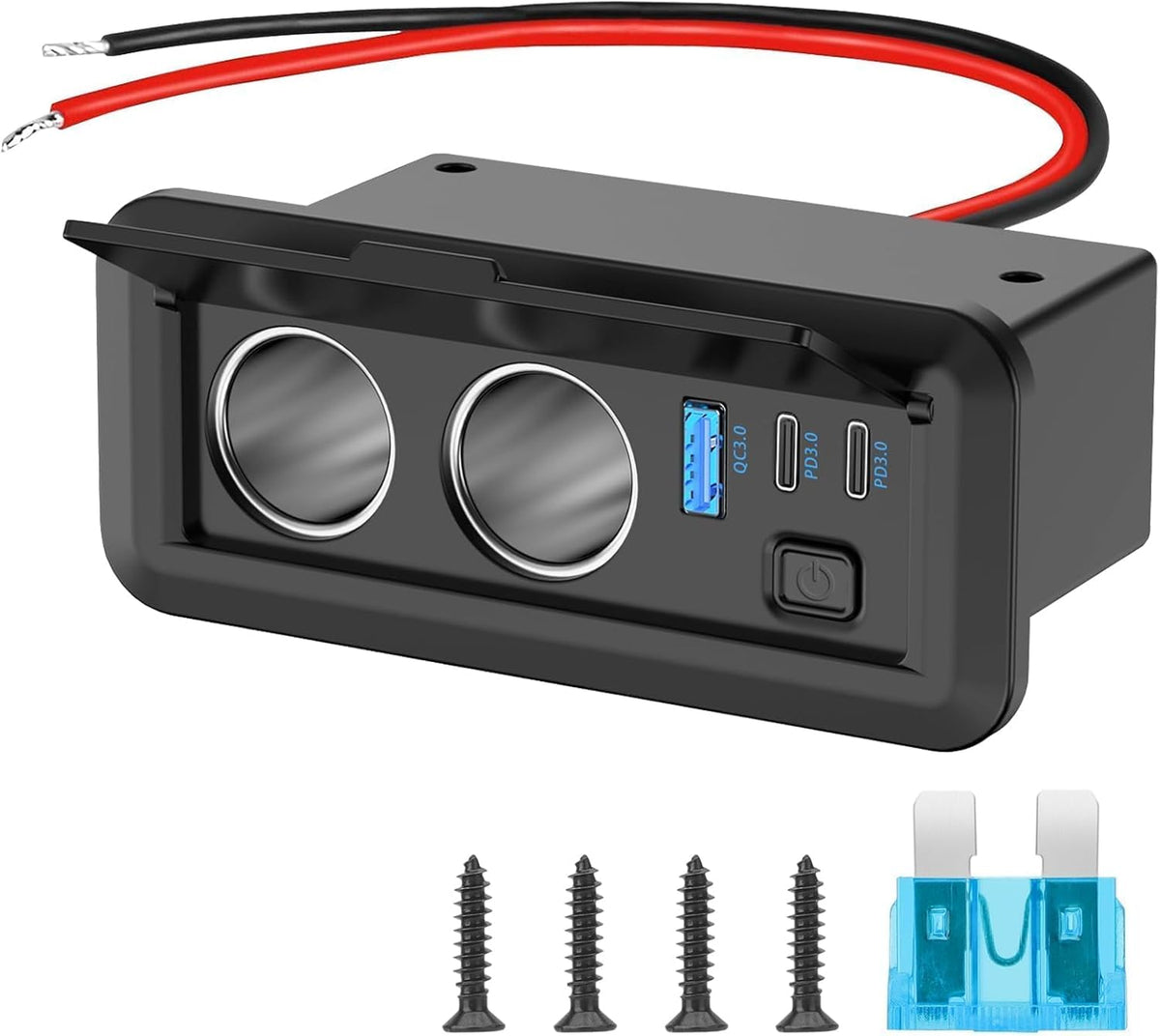 Universal Dual Cigarette Lighter Socket 180W 12V USB Outlet Dual USB-C PD & QC3.0 Car Charger Port with Switch