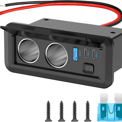 Universal Dual Cigarette Lighter Socket 180W 12V USB Outlet Dual USB-C PD & QC3.0 Car Charger Port with Switch
