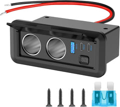 Universal Dual Cigarette Lighter Socket 180W 12V USB Outlet Dual USB-C PD & QC3.0 Car Charger Port with Switch