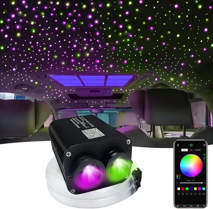 Liuhawk Double Head Fiber Optic 9.5ft Starlight Headliner Kit 900 pcs 0.5mm & 900 Pcs 0.5mm with 100 pcs 1mm Meter Shooting Star, Sound Activated Remote APP Control CAR And HOME Roof Decor