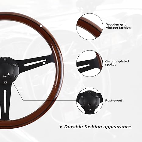 Universal Vintage Style Classic Steering Wheel Wood with Polished Sports Steering Wheel 1 Pc