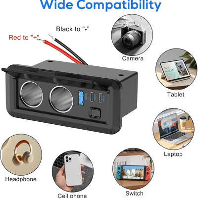 Universal Dual Cigarette Lighter Socket 180W 12V USB Outlet Dual USB-C PD & QC3.0 Car Charger Port with Switch