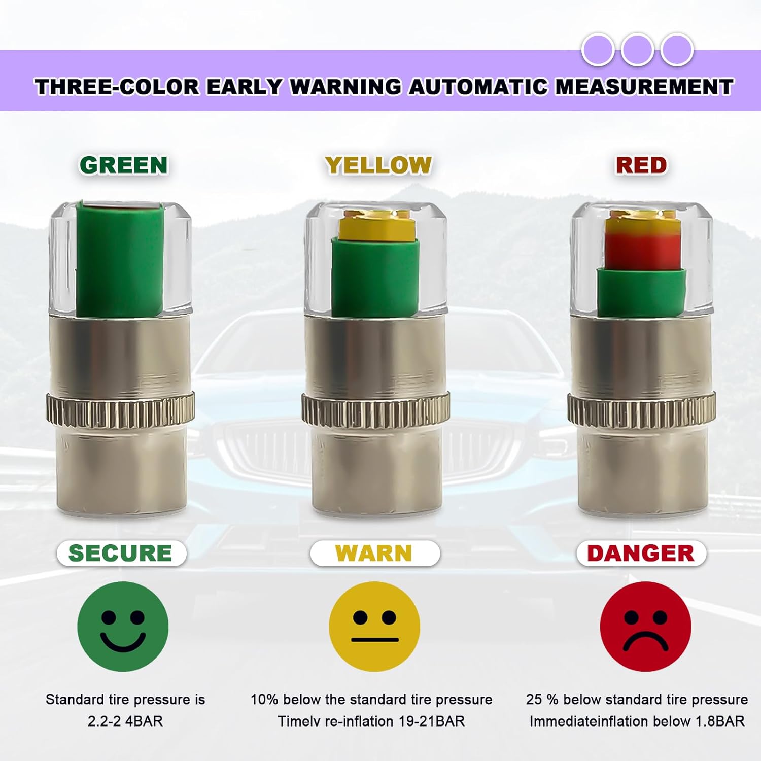 Universal Car Tire Pressure Valve Stem Caps Sensor 3 Colors Alarm Tire ...
