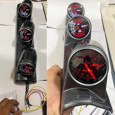 Car 12V 3in1 Carbon Fiber HKS Triple Pillar Gauge Meter Volt & Water Temp & RPM For Car 1 Pc