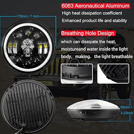 7 Inch Round Jeep Headlight Skull Style Daytime Running Lights With DRL 2 Pc