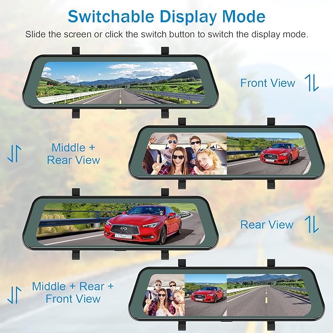 Universal 3 Cam DVR Dash camera 9.6 inch touch screen Rear View Mirror Camera Front Cam and Detached 360° in-Car Camera with Loop Recording, G-Sensor