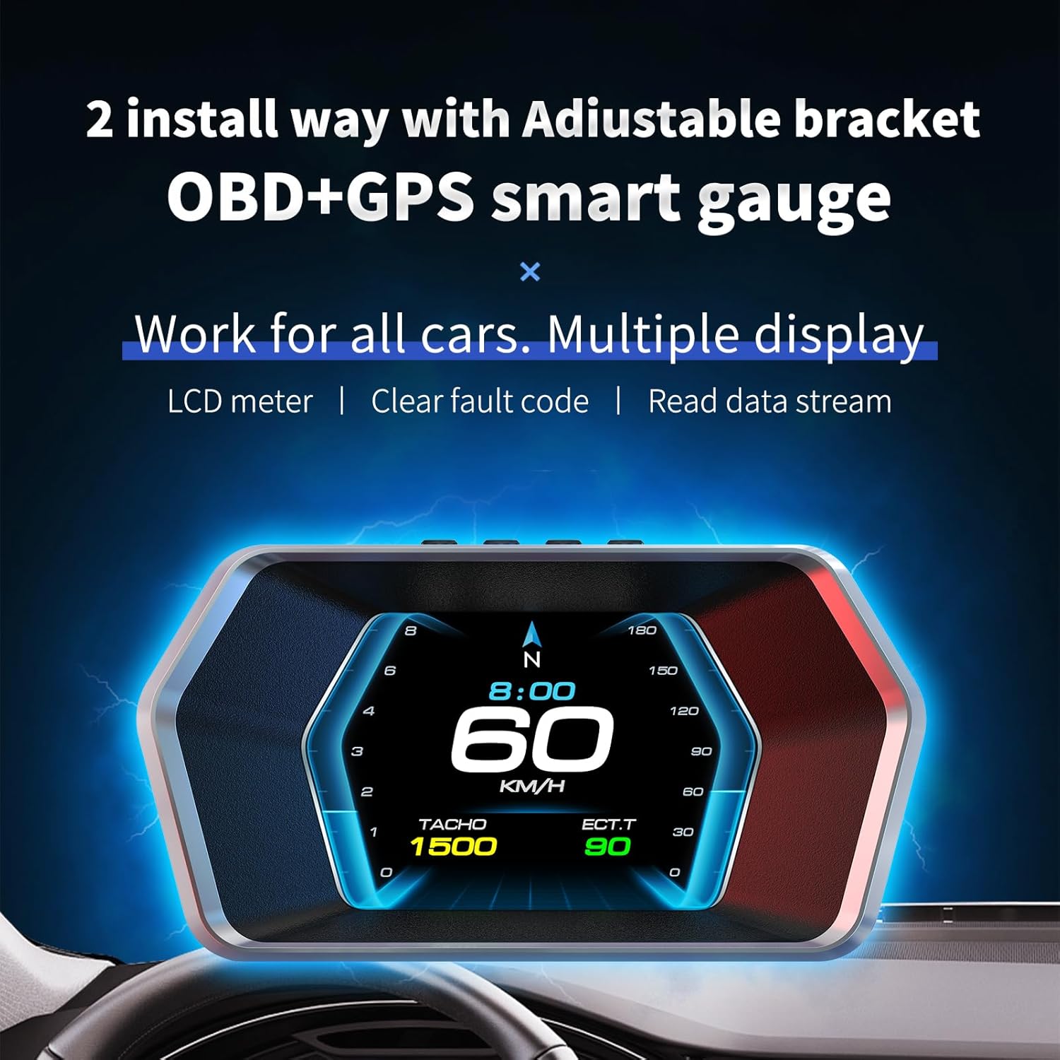 Universal P17 OBD2+GPS HUD Gauge Car Digital Head Up Display Speedometer Turbo RPM Alarm 1 Pc