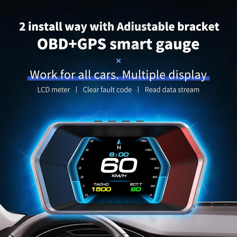 Universal P17 OBD2+GPS HUD Gauge Car Digital Head Up Display Speedometer Turbo RPM Alarm 1 Pc