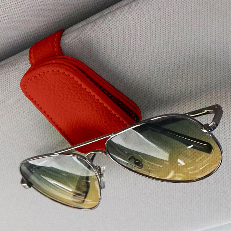 Universal Car Magnetic Sunglass Holder Magnetic Soft PU Leather Sunglass Holder Accessories For Car 1 Pc (Red)