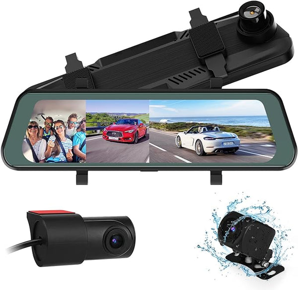 Universal 3 Cam DVR Dash camera 9.6 inch touch screen Rear View Mirror Camera Front Cam and Detached 360° in-Car Camera with Loop Recording, G-Sensor