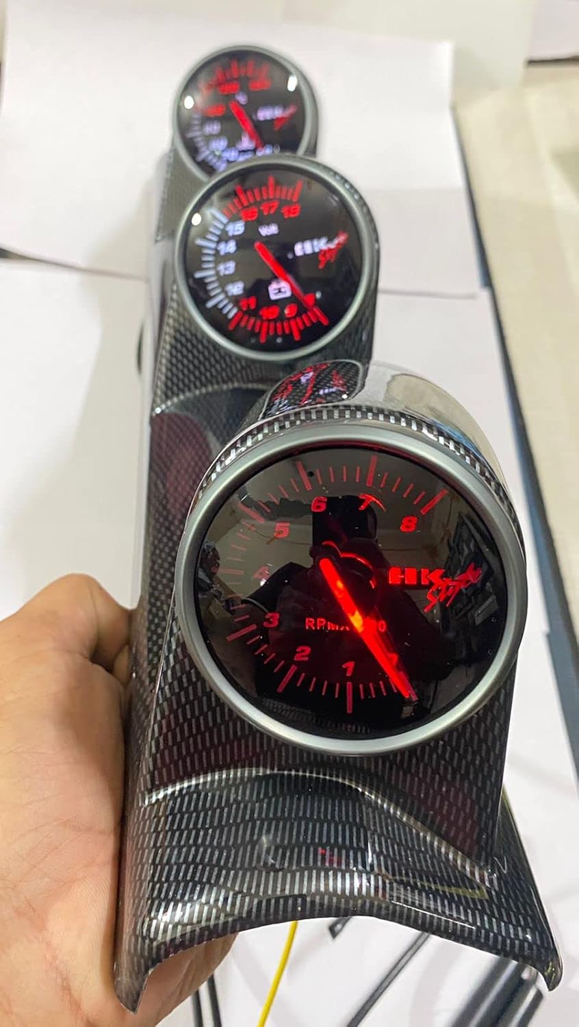 Car 12V 3in1 Carbon Fiber HKS Triple Pillar Gauge Meter Volt & Water Temp & RPM For Car 1 Pc