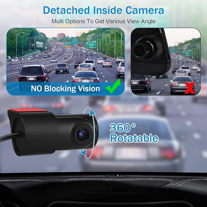 Universal 3 Cam DVR Dash camera 9.6 inch touch screen Rear View Mirror Camera Front Cam and Detached 360° in-Car Camera with Loop Recording, G-Sensor