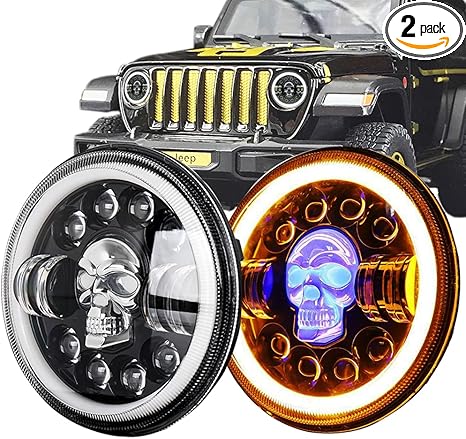 7 Inch Round Jeep Headlight Skull Style Daytime Running Lights With DRL 2 Pc