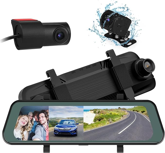 Universal 3 Cam DVR Dash camera 9.6 inch touch screen Rear View Mirror Camera Front Cam and Detached 360° in-Car Camera with Loop Recording, G-Sensor