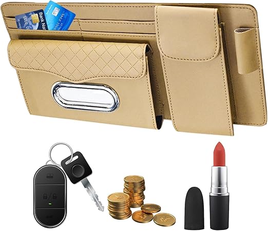 Universal Car Visor Storage Pocket Organizer Truck Visor Organizer Card Holder, Tissue Holder With Multi Pockets 1 Pc (Beige)