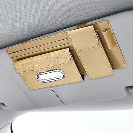 Universal Car Visor Storage Pocket Organizer Truck Visor Organizer Card Holder, Tissue Holder With Multi Pockets 1 Pc (Beige)