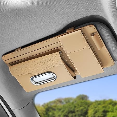 Universal Car Visor Storage Pocket Organizer Truck Visor Organizer Card Holder, Tissue Holder With Multi Pockets 1 Pc (Beige)