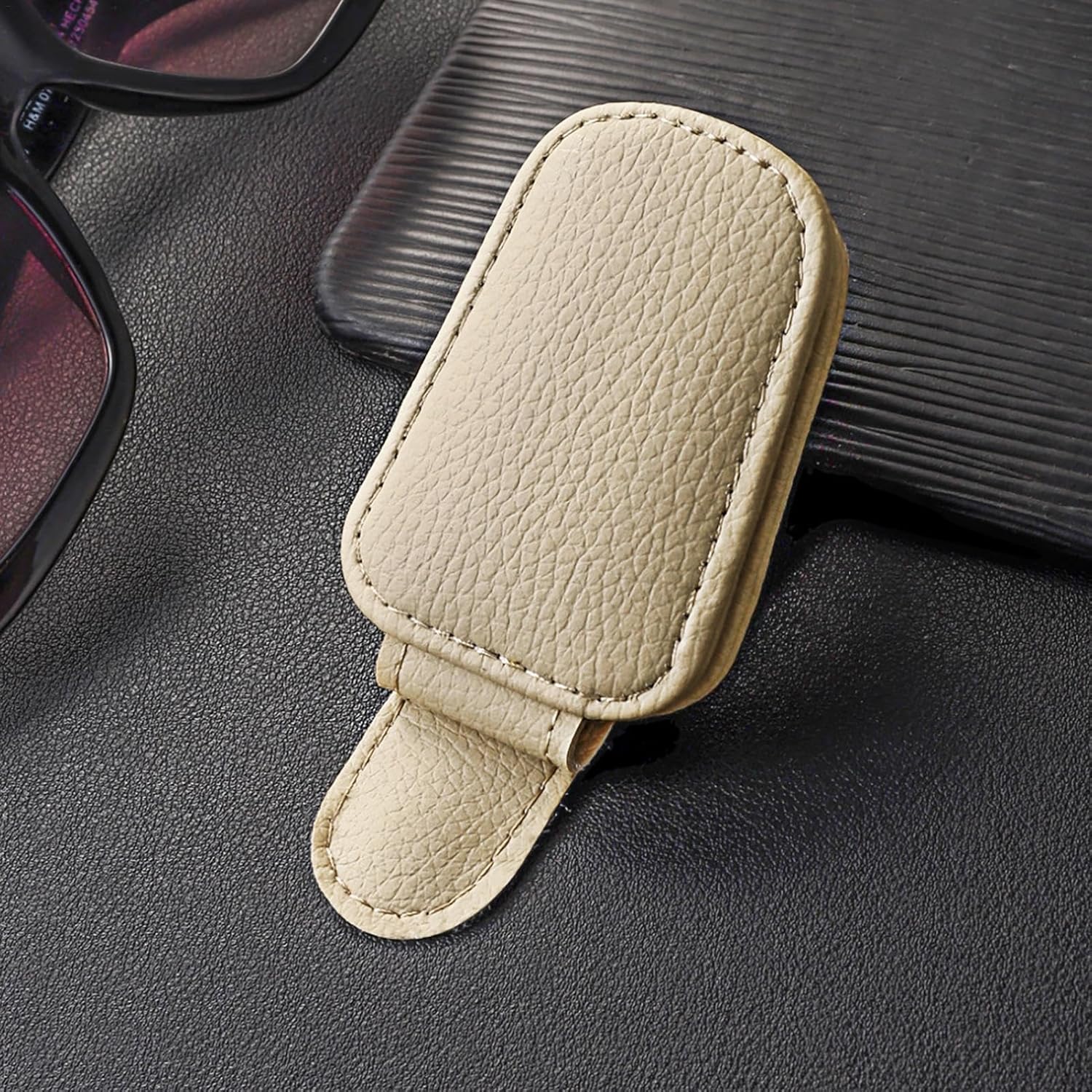 Universal Car Magnetic Sunglass Holder Magnetic Soft PU Leather Sunglass Holder Accessories For Car 1 Pc (Beige)